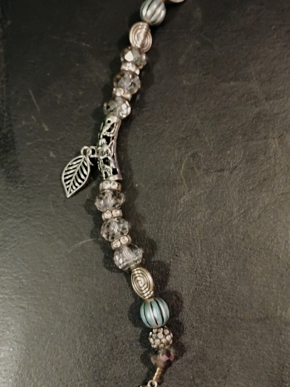 Hand Crafted Silver-Tone Gray Beaded Bracelet with Leaf Charm